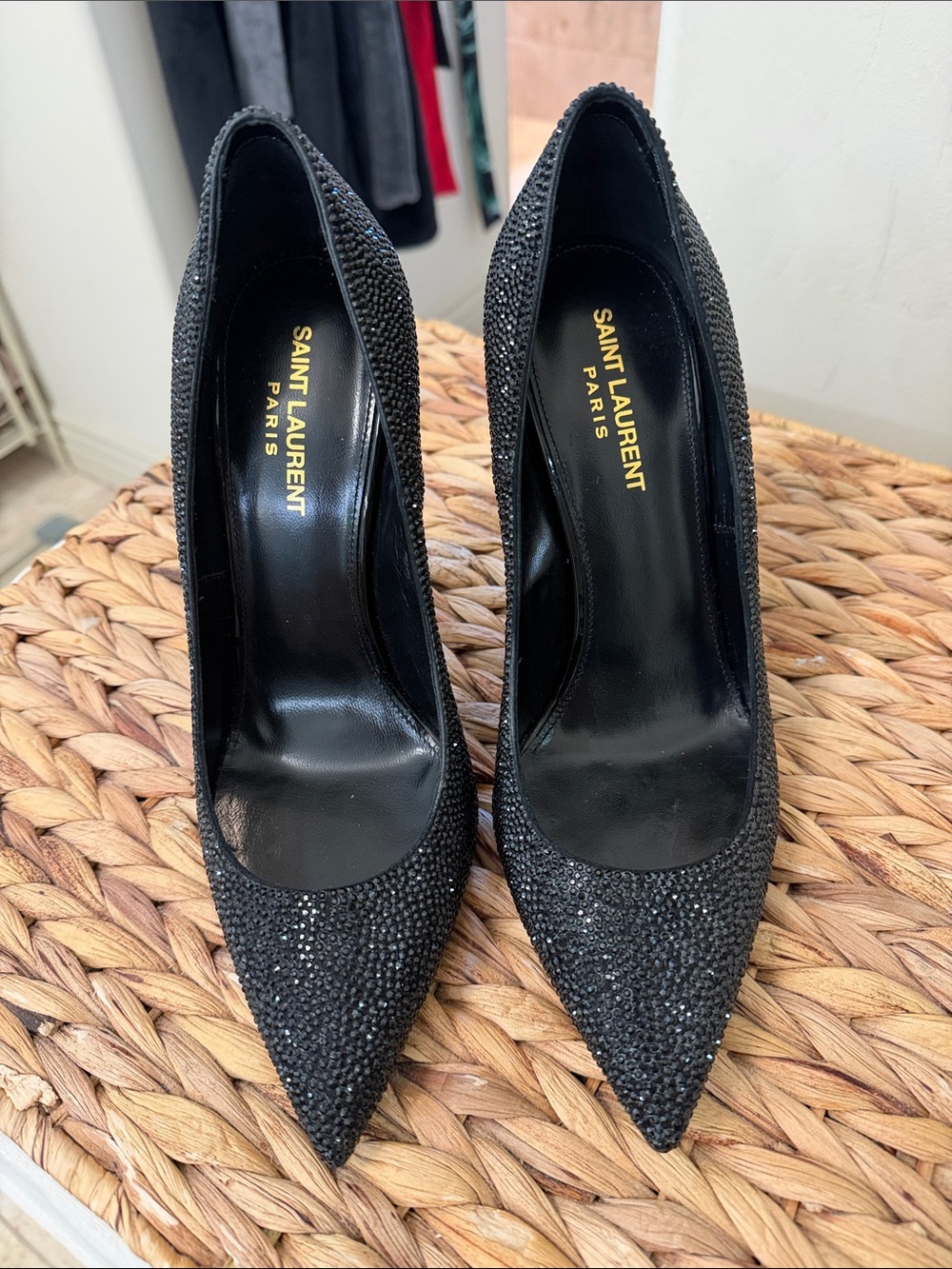 Authentic Saint Laurent Black Crystal Pointed Toe Pumps